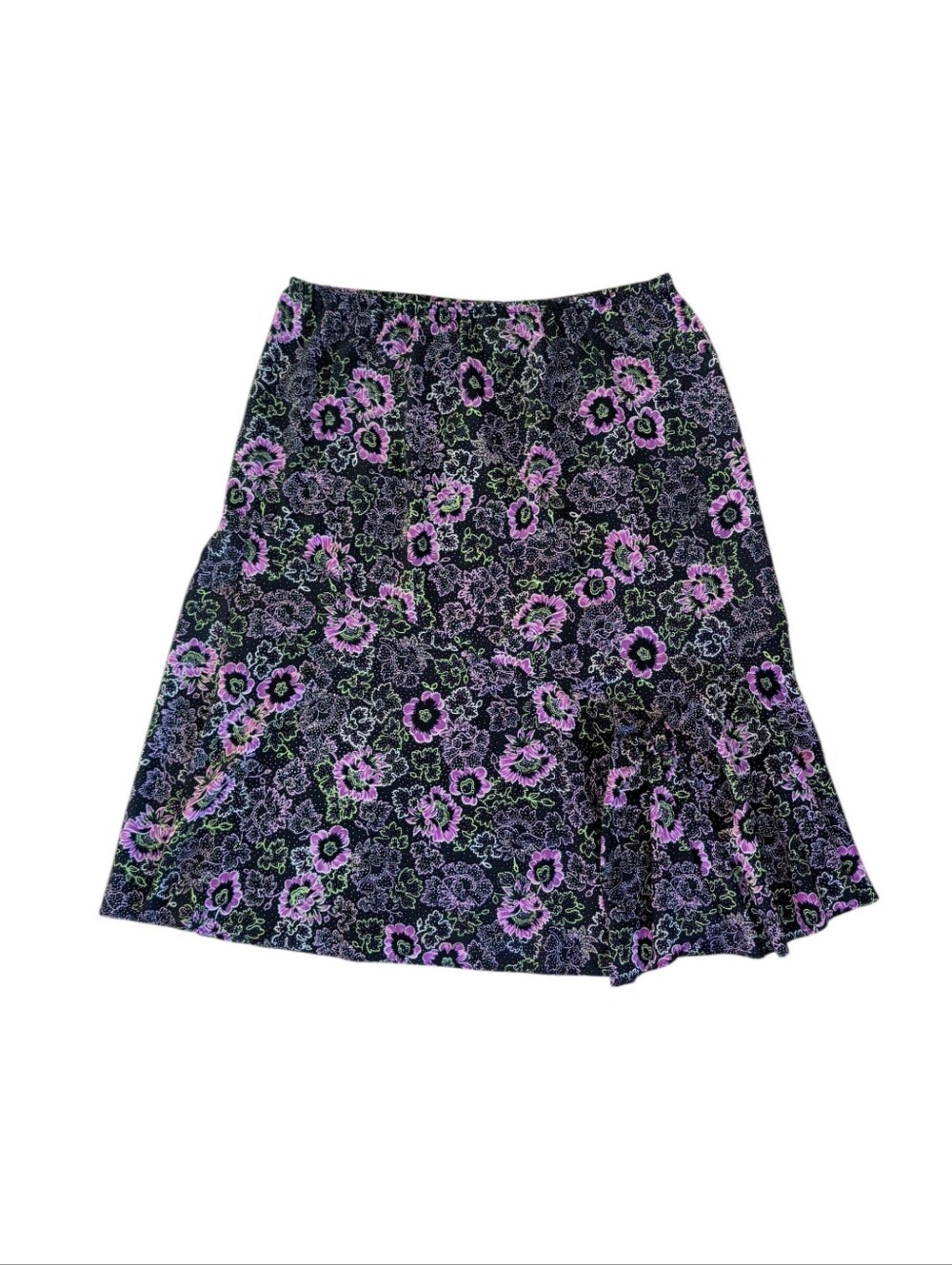 Vtg. Sag Harbor Asymmetrical Ruffle Floral Midi Skirt 8P Black Purple
